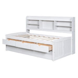 English Elm Twin Wooden Captain Bed with Bookcase Headboard, Three Drawers and Trundle for Space-Saving Rooms White Washed GX001015AAK