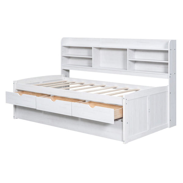 English Elm Twin Wooden Captain Bed with Bookcase Headboard, Three Drawers and Trundle for Space-Saving Rooms White Washed GX001015AAK