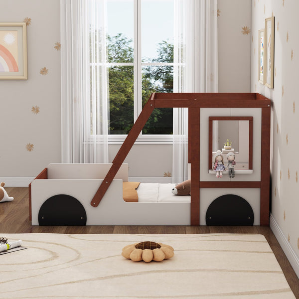 English Elm Fun Play Design Twin Car Bed for Kids Boys Girls Teens - Solid Wood Frame, Imaginative Play Space, White & Orange WF312561AAK
