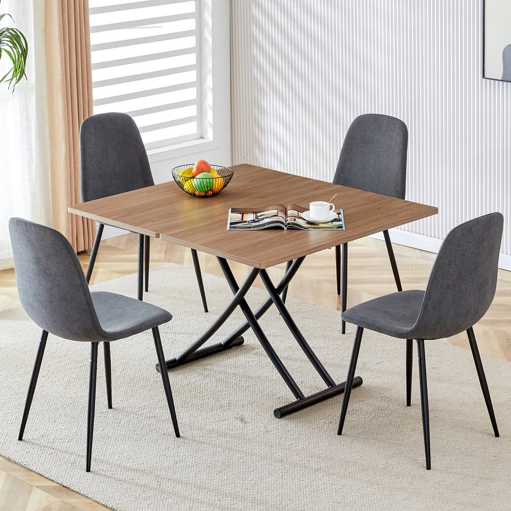 English Elm Modern multifunctional lifting table with 4 dark gray linen chairs, adjustable height, MDF top, sleek black legs — versatile dining and coffee set (W1151S00748) W1151S03835