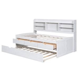 English Elm Twin Wooden Captain Bed with Bookcase Headboard, Three Drawers and Trundle for Space-Saving Rooms White Washed GX001015AAK
