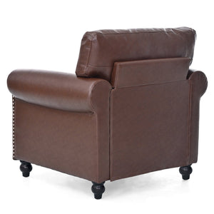 English Elm 1 Seater Pu Leather Armchair Sofa with Rolled Arms and Silver Nail Trim for Living Room Brown Pu W680127308