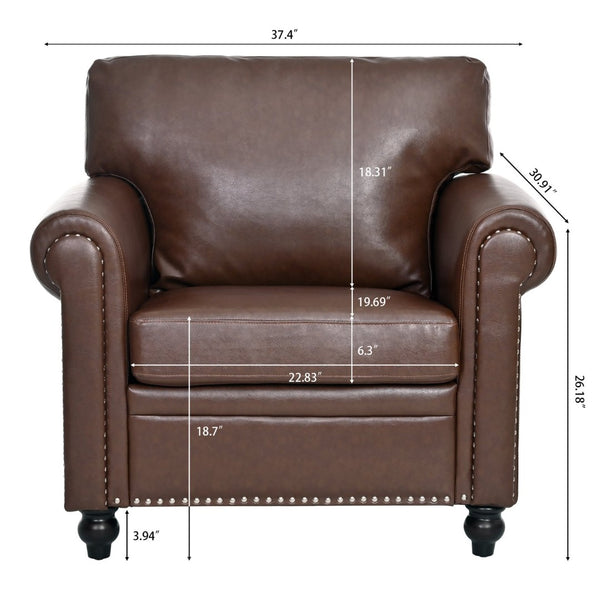 English Elm 1 Seater Pu Leather Accent Chair with Nail Trim Rolled Arms and Birch Legs W680P426993