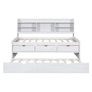 English Elm Twin Wooden Captain Bed with Bookcase Headboard, Three Drawers and Trundle for Space-Saving Rooms White Washed GX001015AAK