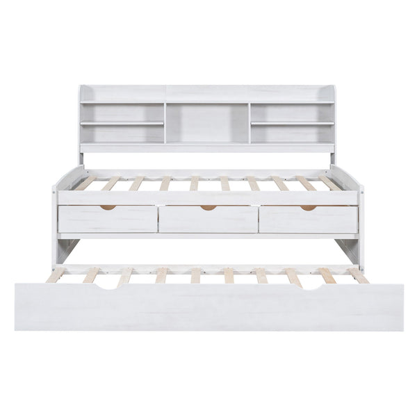 English Elm Twin Wooden Captain Bed with Bookcase Headboard, Three Drawers and Trundle for Space-Saving Rooms White Washed GX001015AAK