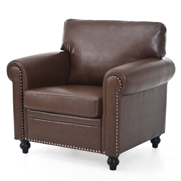 English Elm 1 Seater Pu Leather Accent Chair with Nail Trim Rolled Arms and Birch Legs W680P426993