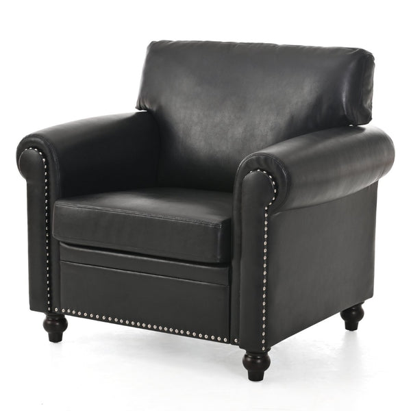 English Elm 1 Seater Pu Leather Armchair Sofa with Rolled Arms and Silver Nail Trim for Living Room Black Pu W680127309