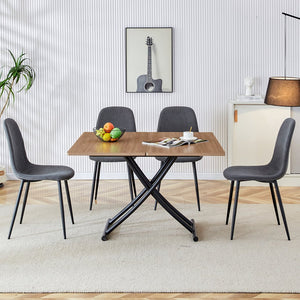 English Elm Modern multifunctional lifting table with 4 dark gray linen chairs, adjustable height, MDF top, sleek black legs — versatile dining and coffee set (W1151S00748) W1151S03835