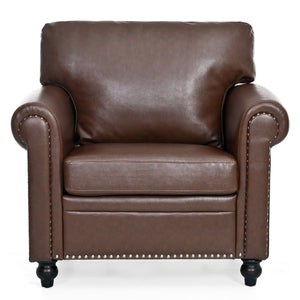 English Elm 1 Seater Pu Leather Accent Chair with Nail Trim Rolled Arms and Birch Legs W680P426993