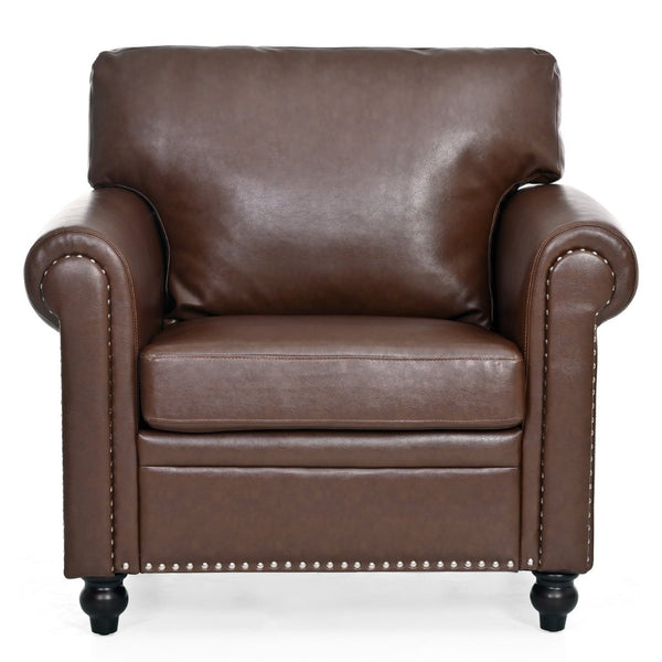 English Elm 1 Seater Pu Leather Accent Chair with Nail Trim Rolled Arms and Birch Legs W680P426993