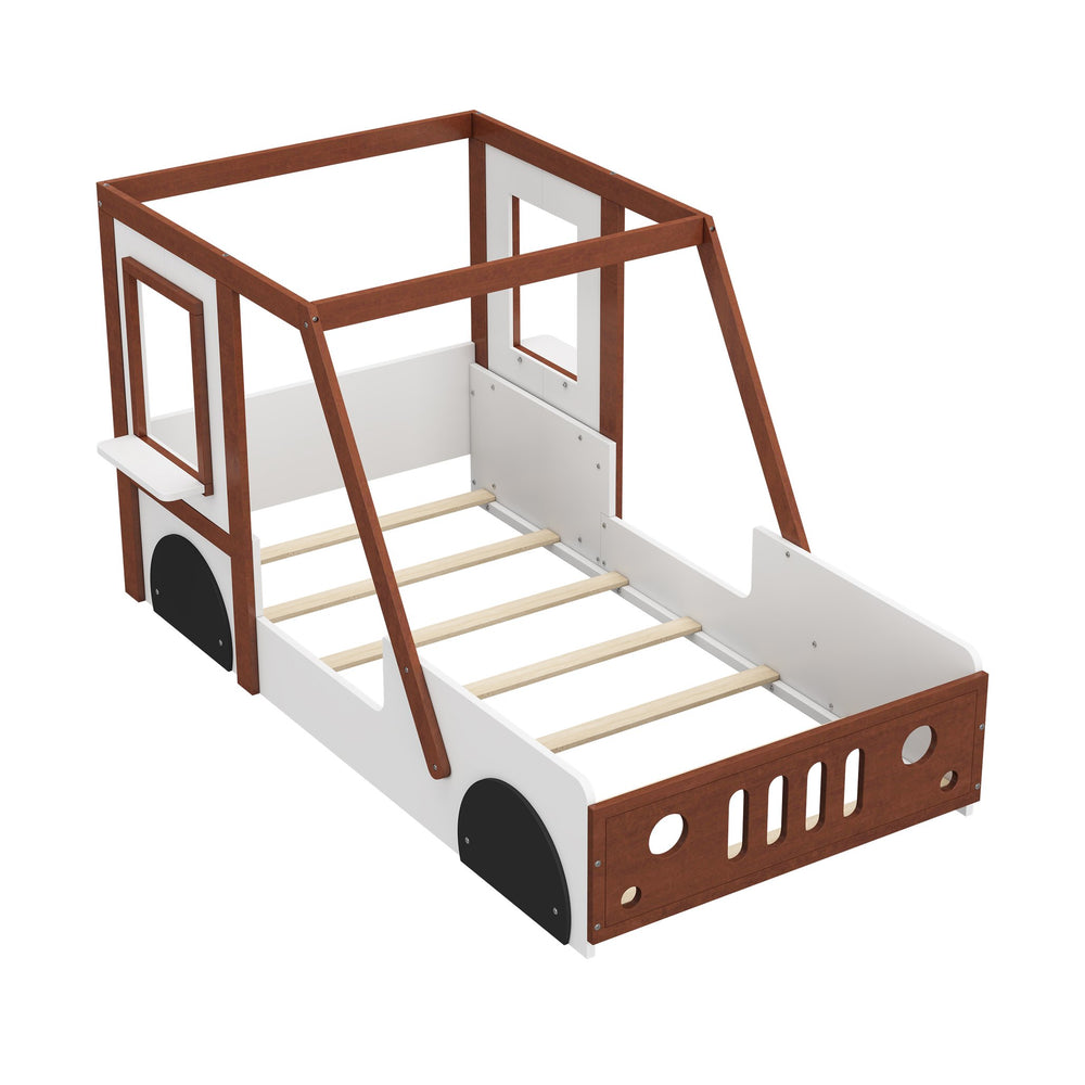 English Elm Fun Play Design Twin Car Bed for Kids Boys Girls Teens - Solid Wood Frame, Imaginative Play Space, White & Orange WF312561AAK