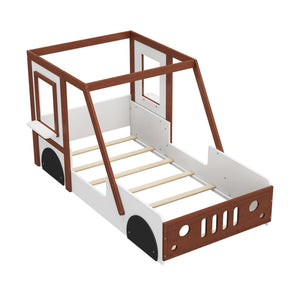 English Elm Fun Play Design Twin Car Bed for Kids Boys Girls Teens - Solid Wood Frame, Imaginative Play Space, White & Orange WF312561AAK