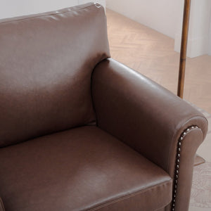 English Elm 1 Seater Pu Leather Armchair Sofa with Rolled Arms and Silver Nail Trim for Living Room Brown Pu W680127308