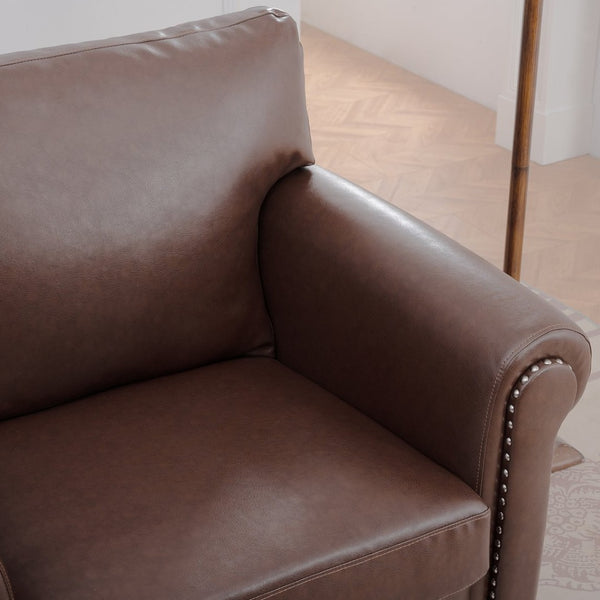English Elm 1 Seater Pu Leather Armchair Sofa with Rolled Arms and Silver Nail Trim for Living Room Brown Pu W680127308