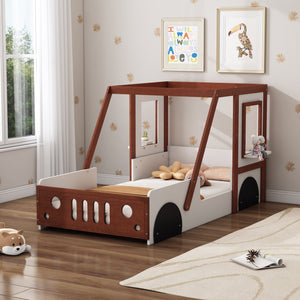 English Elm Fun Play Design Twin Car Bed for Kids Boys Girls Teens - Solid Wood Frame, Imaginative Play Space, White & Orange WF312561AAK