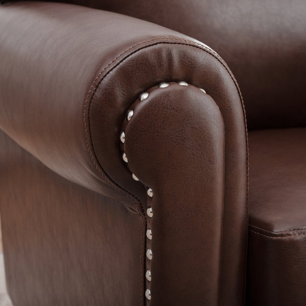 English Elm 1 Seater Pu Leather Armchair Sofa with Rolled Arms and Silver Nail Trim for Living Room Brown Pu W680127308