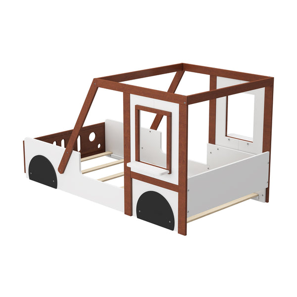 English Elm Fun Play Design Twin Car Bed for Kids Boys Girls Teens - Solid Wood Frame, Imaginative Play Space, White & Orange WF312561AAK