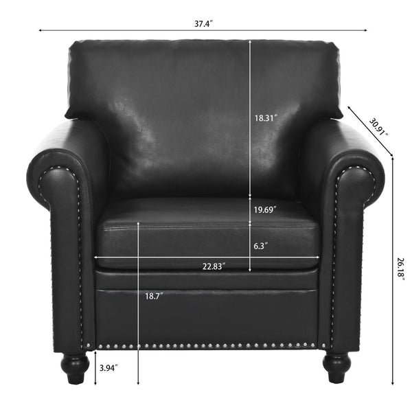 English Elm 1 Seater Pu Leather Armchair Sofa with Rolled Arms and Silver Nail Trim for Living Room Black Pu W680127309