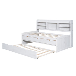 English Elm Twin Wooden Captain Bed with Bookcase Headboard, Three Drawers and Trundle for Space-Saving Rooms White Washed GX001015AAK