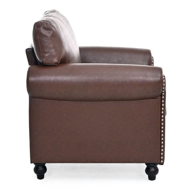 English Elm 1 Seater Pu Leather Accent Chair with Nail Trim Rolled Arms and Birch Legs W680P426993