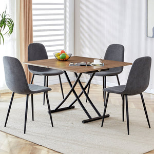 English Elm Modern multifunctional lifting table with 4 dark gray linen chairs, adjustable height, MDF top, sleek black legs — versatile dining and coffee set (W1151S00748) W1151S03835