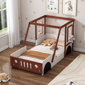 English Elm Fun Play Design Twin Car Bed for Kids Boys Girls Teens - Solid Wood Frame, Imaginative Play Space, White & Orange WF312561AAK