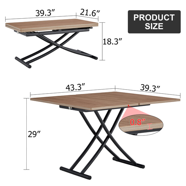 English Elm Modern multifunctional lifting table with 4 dark gray linen chairs, adjustable height, MDF top, sleek black legs — versatile dining and coffee set (W1151S00748) W1151S03835