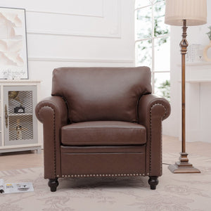English Elm 1 Seater Pu Leather Armchair Sofa with Rolled Arms and Silver Nail Trim for Living Room Brown Pu W680127308