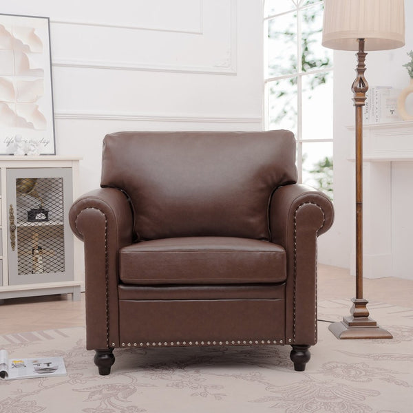 English Elm 1 Seater Pu Leather Armchair Sofa with Rolled Arms and Silver Nail Trim for Living Room Brown Pu W680127308