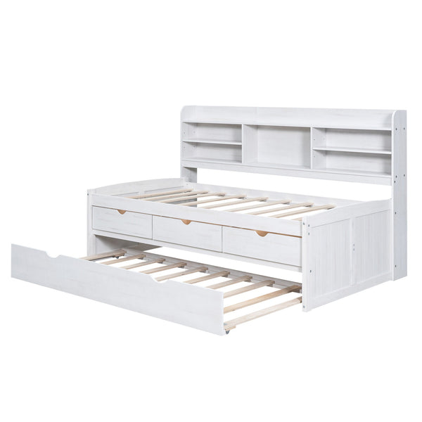 English Elm Twin Wooden Captain Bed with Bookcase Headboard, Three Drawers and Trundle for Space-Saving Rooms White Washed GX001015AAK