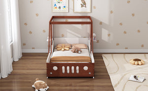 English Elm Fun Play Design Twin Car Bed for Kids Boys Girls Teens - Solid Wood Frame, Imaginative Play Space, White & Orange WF312561AAK