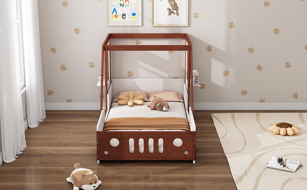 English Elm Fun Play Design Twin Car Bed for Kids Boys Girls Teens - Solid Wood Frame, Imaginative Play Space, White & Orange WF312561AAK