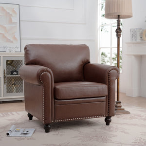 English Elm 1 Seater Pu Leather Accent Chair with Nail Trim Rolled Arms and Birch Legs W680P426993