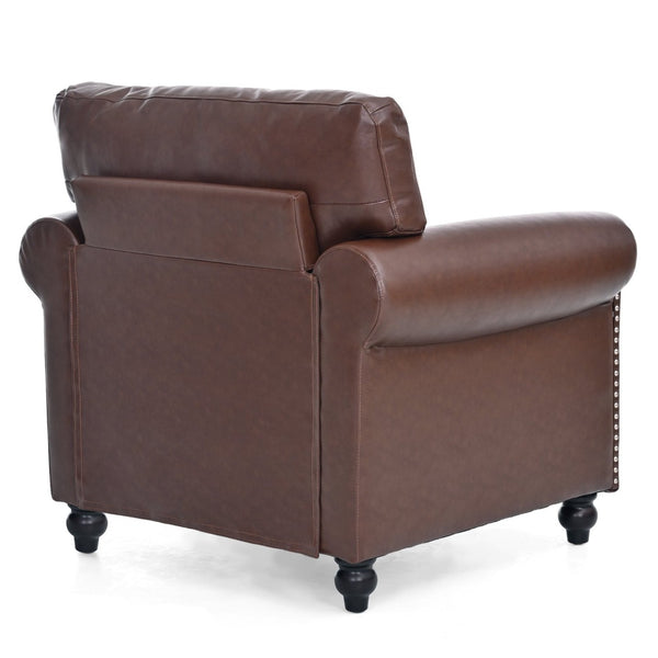 English Elm 1 Seater Pu Leather Armchair Sofa with Rolled Arms and Silver Nail Trim for Living Room Brown Pu W680127308