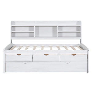English Elm Twin Wooden Captain Bed with Bookcase Headboard, Three Drawers and Trundle for Space-Saving Rooms White Washed GX001015AAK