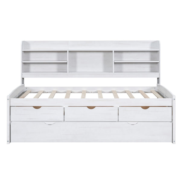 English Elm Twin Wooden Captain Bed with Bookcase Headboard, Three Drawers and Trundle for Space-Saving Rooms White Washed GX001015AAK