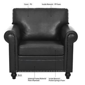 English Elm 1 Seater Pu Leather Armchair Sofa with Rolled Arms and Silver Nail Trim for Living Room Black Pu W680127309
