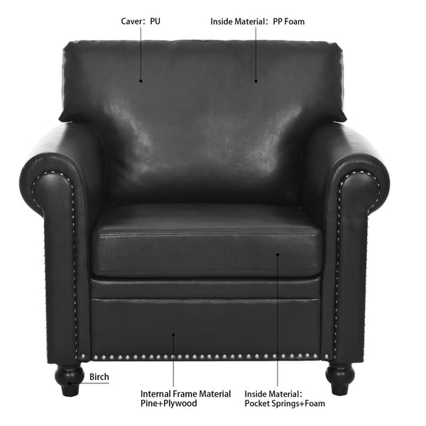 English Elm 1 Seater Pu Leather Accent Sofa with Rolled Arms and Silver Nail Trim Detail W680P451461
