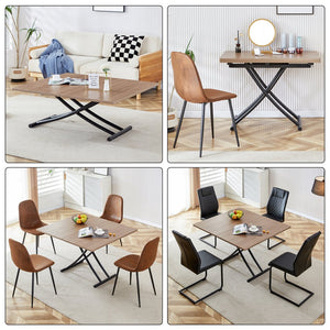 English Elm Modern multifunctional lifting table with 4 dark gray linen chairs, adjustable height, MDF top, sleek black legs — versatile dining and coffee set (W1151S00748) W1151S03835