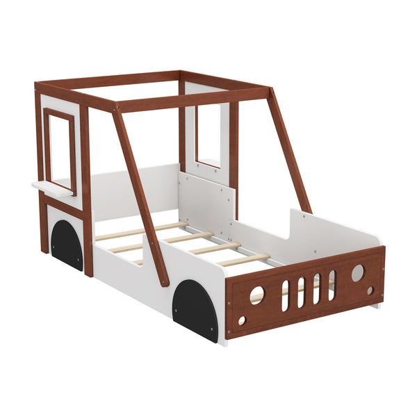 English Elm Fun Play Design Twin Car Bed for Kids Boys Girls Teens - Solid Wood Frame, Imaginative Play Space, White & Orange WF312561AAK