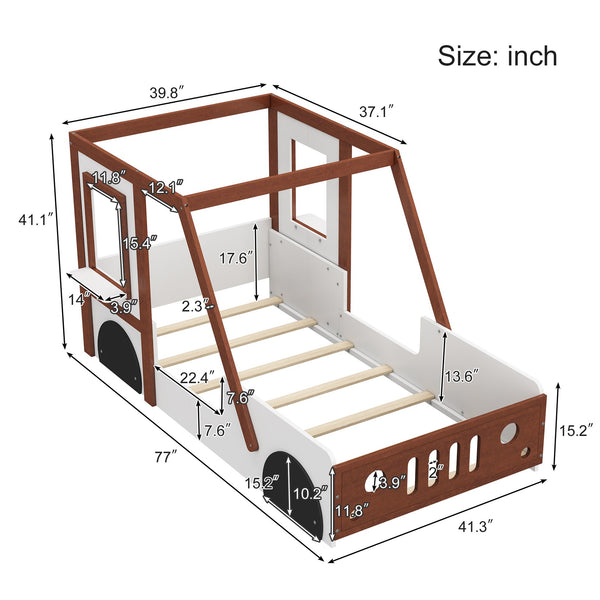 English Elm Fun Play Design Twin Car Bed for Kids Boys Girls Teens - Solid Wood Frame, Imaginative Play Space, White & Orange WF312561AAK