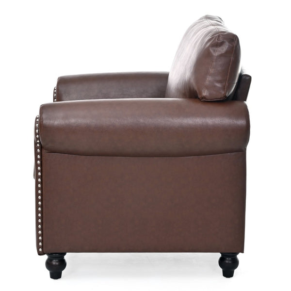 English Elm 1 Seater Pu Leather Accent Chair with Nail Trim Rolled Arms and Birch Legs W680P426993
