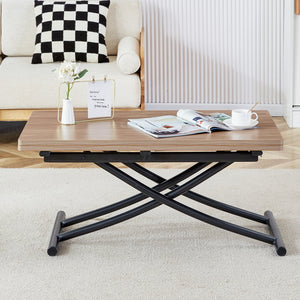 English Elm Modern multifunctional lifting table with 4 dark gray linen chairs, adjustable height, MDF top, sleek black legs — versatile dining and coffee set (W1151S00748) W1151S03835