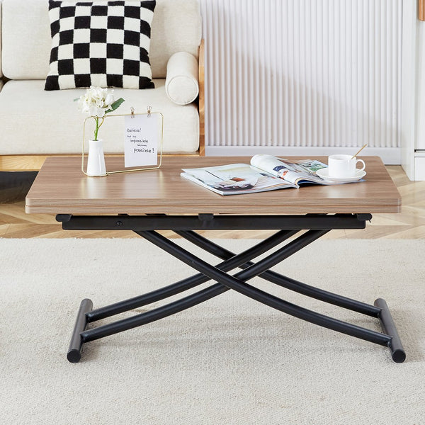 English Elm Modern multifunctional lifting table with wood-grain top, adjustable 18.3–29" black metal legs, foldable design for compact living and versatile use (Natural Wood Wash) W1151126193