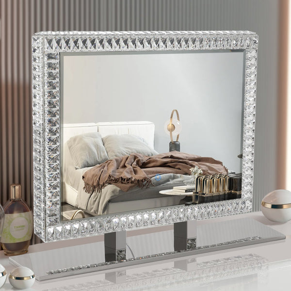 English Elm LED Crystal Vanity Mirror with Dimmable Touch Lights, Warm–Cool LEDs, Mountable Tabletop Elegance W1340119591