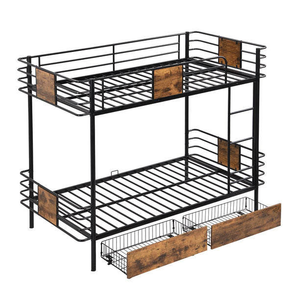 English Elm Twin XL over Twin XL Metal Bunk Bed with Full-Length Guardrails, Sturdy Ladder & Built-In Drawers Black GX001123AAB