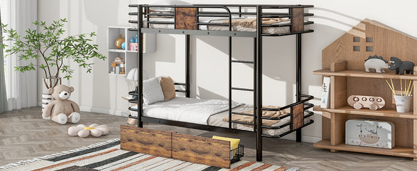 English Elm Twin XL over Twin XL Metal Bunk Bed with Full-Length Guardrails, Sturdy Ladder & Built-In Drawers Black GX001123AAB