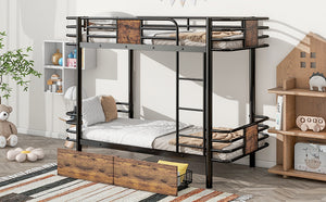 English Elm Twin XL over Twin XL Metal Bunk Bed with Full-Length Guardrails, Sturdy Ladder & Built-In Drawers Black GX001123AAB