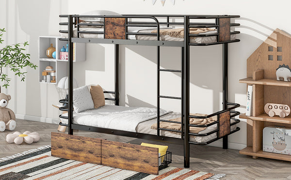 English Elm Twin XL over Twin XL Metal Bunk Bed with Full-Length Guardrails, Sturdy Ladder & Built-In Drawers Black GX001123AAB