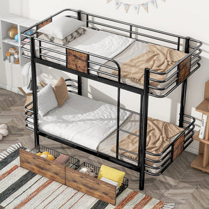 English Elm Twin XL over Twin XL Metal Bunk Bed with Full-Length Guardrails, Sturdy Ladder & Built-In Drawers Black GX001123AAB